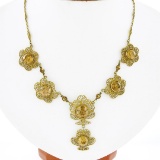 Antique 14K Gold 21.40 ctw GIA Brownish Yellow Zircon Open Filigree Work Necklac