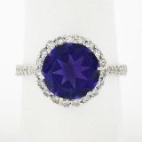 14K White Gold 4.1 ctw Royal Purple Amethyst Solitaire w/ Round Diamond Halo Rin