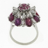 Vintage 18K White Gold 7 ctw Ruby & Baguette Diamond Tiered Cluster Cocktail Rin