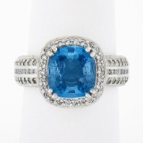 Platinum 3.58 ctw Cushion Aquamarine w/ Diamond Halo & Accents Mil grain Work Ri