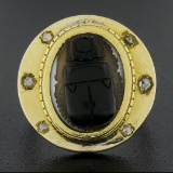 18k Yellow Gold Bezel Set Carved Hard Stone Scarab w/ Rose Cut Diamonds Ring