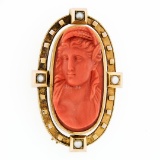 LARGE Antique Victorian 18k Gold GIA NO DYE Carved Coral Cameo Pearl Brooch Pin