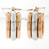 New 14k Rose & White Gold Triple Puffed Tube Round Hoop Earrings