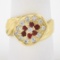 Vintage 18K Gold Round Pave Set Cubic Zirconia & Ruby Grooved Cluster Band Ring