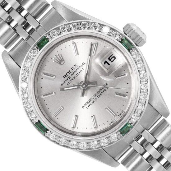 Rolex Ladies Quickset Sapphire Stainless Steel Silver Index Dial 18K Gold And Em