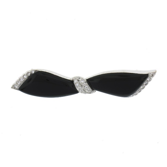 Vintage 18k White Gold Polished Black Onyx .30 ctw Diamonds Ribbon Bow Pin Brooc