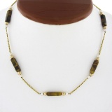 Vintage 10k Gold 14.8mm Bar Tigers Eye W/ Pearl & Gold Bead Ball Chain Necklace