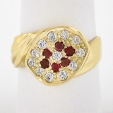 Vintage 18K Gold Round Pave Set Cubic Zirconia & Ruby Grooved Cluster Band Ring