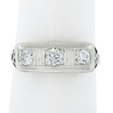 Antique Edwardian Platinum & 14K Gold 0.35 ctw Diamond Filigree 3 Stone Band Rin