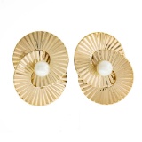 Vintage Retro Krementz 14K Gold 4.5mm Pearl Grooved Fluted Interlocking Earrings