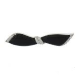 Vintage 18k White Gold Polished Black Onyx .30 ctw Diamonds Ribbon Bow Pin Brooc