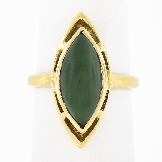14K Yellow Gold Bezel Marquise Cabochon Jade Open Frame Simple Solitaire Ring