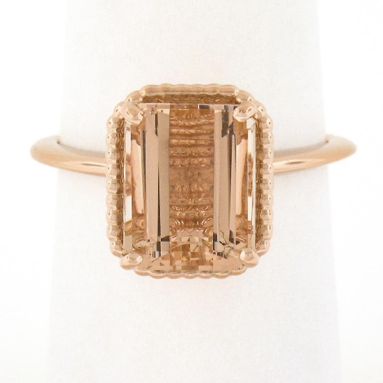 NEW 14k Rose Gold 3.13 ctw Emerald Cut Morganite Solitaire Twisted Wire Work Rin