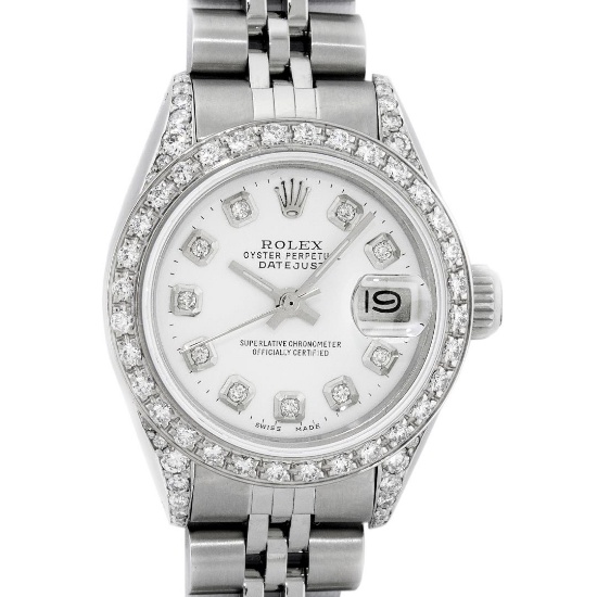 Rolex Ladies Quickset Stainless Steel White Diamond Lugs And Datejust Wristwatch