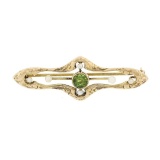 Antique Victorian 14k Gold Peridot Seed Pearl Hand Engraved Open Bar Brooch Pin