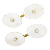 Antique 14k Gold White Mother of Pearl w/ 3mm Seed Pearl Center Oval Cufflinks