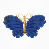 Vintage 14K Gold Custom Cut Carved Lapis Lazuli Butterfly Brooch Pin Pendant