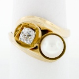 Antique 14k Gold 7.2mm Pearl.58 ctw Old Mine Cushion Diamond Bypass Cocktail Rin