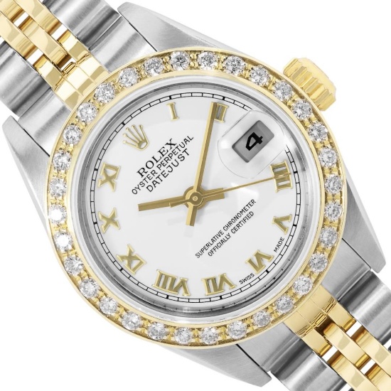 Rolex Ladies Two Tone Quickset White Roman Yellow Gold Diamond Bezel Datejust Wi