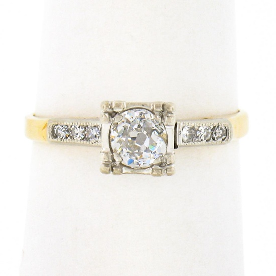 Antique Edwardian 14k TT Gold 0.43 ctw European Diamond w/ Accents Engagement Ri