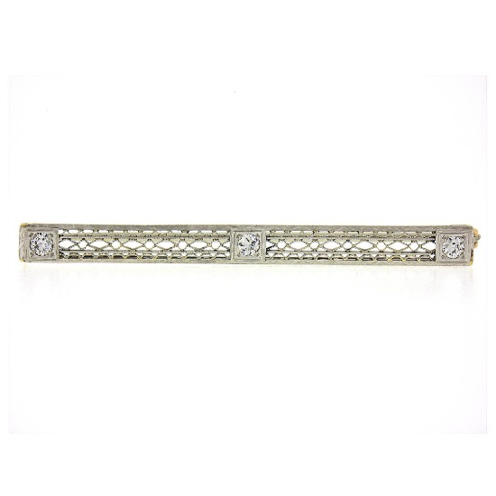 Antique Edwardian Platinum Top 14k Yellow Gold Diamond Filigree Bar Pin Brooch