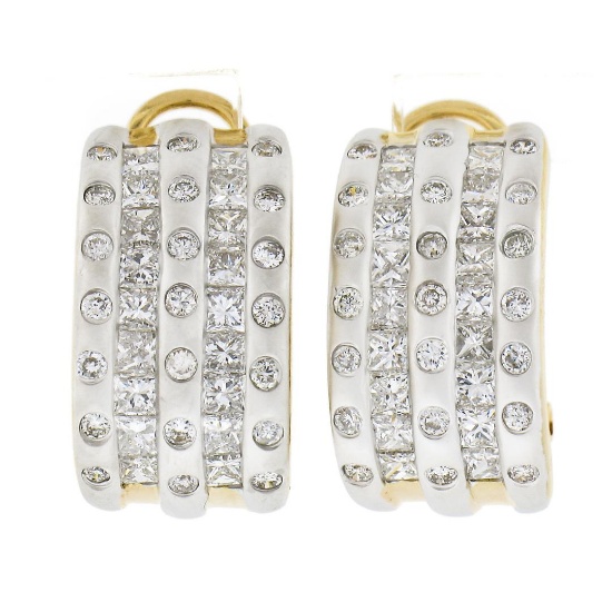18K Gold 2.3 ctw Channel Princess & Burnish Round Diamond 5 Row Cuff Omega Earri