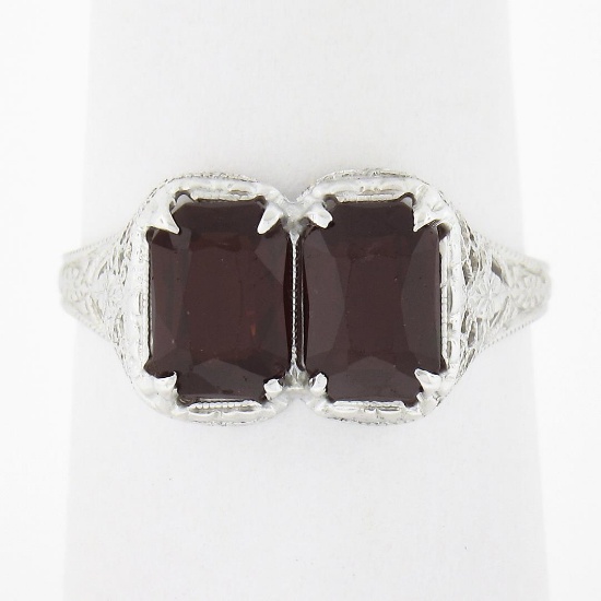 Antique Art Deco 14k Gold Rectangular Filigree 2 Stone Garnet Twin Ring