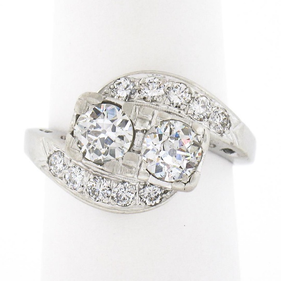 Vintage Platinum 1.66 ctw Old European Cut Dual Diamond Bypass Ring w/ Accents