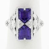 14K White Gold 1.80 ctw Amethyst & Diamond Filigree Etched Milgrain Platter Ring