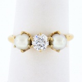 Antique 14k Yellow Gold 0.37 ctw Old European Diamond w/ 4.5mm Pearl Accents Rin