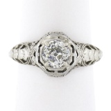 Antique Art Deco 18k Gold GIA 0.94 ctw European Diamond Filigree Engagement Ring