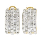 18K Gold 2.3 ctw Channel Princess & Burnish Round Diamond 5 Row Cuff Omega Earri