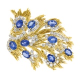 Jack Gutschneider Handmade 18k Gold 16.5 ctw Tanzanite Diamond Large Flame Brooc