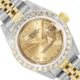 Rolex Ladies Two Tone Quickset Champagne Roman Yellow Gold Diamond Bezel Datejus