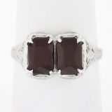 Antique Art Deco 14k Gold Rectangular Filigree 2 Stone Garnet Twin Ring