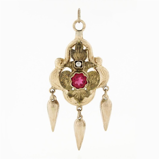 Antique Victorian 14k Gold Etruscan Revival Red Stone Leaf Tassel Dangle Pendant