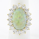 Vintage 14k Gold Oval Cabochon Opal w/ 4.0 ctw Round Diamond Halo Cocktail Ring