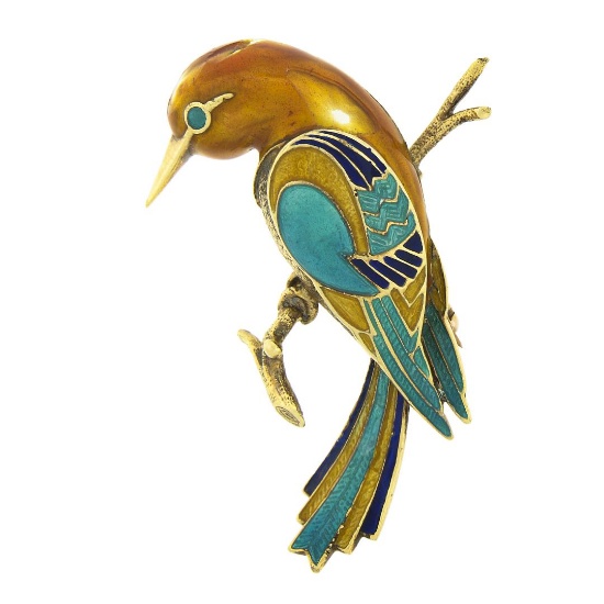 Vintage 14k Gold Multi Color Enamel Humming Bird Standing on Branch Pin Brooch