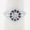 Vintage 18k White Gold 1.09 ctw Diamond Solitaire Sapphire Halo W/ Milgrain Ring