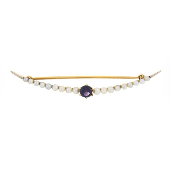 Vintage 14k Gold Plat 0.50 ctw Amethyst & Graduated Seed Pearl Crescent Pin Broo