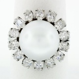 Vintage 18k White Gold 12.7mm South Sea Pearl 2.10 ctw Marquise Diamond Halo Rin