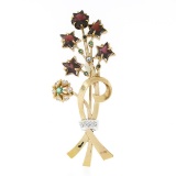 Unique Vintage 14k Gold Custom Star Garnet Emerald Diamond Bundle Bouquet Brooch