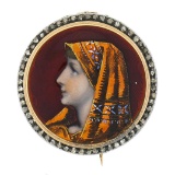 Antique 18k Gold Silver Hand Enamel Portrait & Old Cut Diamond Frame Pin Brooch