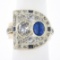 Antique Retro 14K Gold 3.65 ctw Bezel GIA Cushion Diamond & Sapphire Cocktail Ri