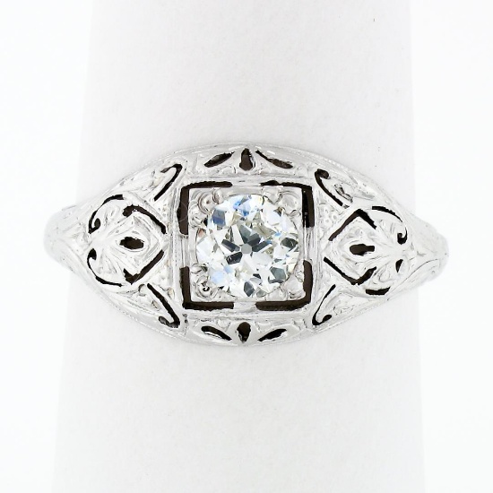 Antique Art Deco 18k Gold Dome Filigree Engraved 0.52 ctw European Diamond Ring
