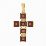 14k Yellow Gold Square Step Cut Rhodolite Garnet Channel Set Cross Pendant