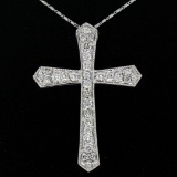 Large 14k White Gold 1.18 ctw Round Diamond Cross Pendant w/ 18