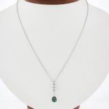 14K White Gold Pear Emerald & Round Diamond Tear Drop Dangle Pendant w/ Chain