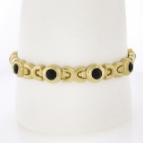 Vintage Solid 14k Yellow Gold Round Bezel Set Black Onyx Geometric Link Bracelet