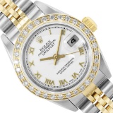 Rolex Ladies Two Tone Quickset White Roman Yellow Gold Diamond Bezel Datejust Wi
